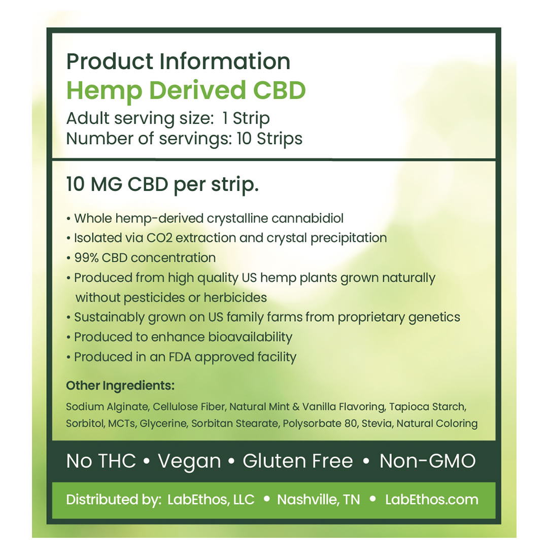 CBD Edible Strips, Restore Calm Strips, 10 MG CBD Per STRIP 100MG Per Pack